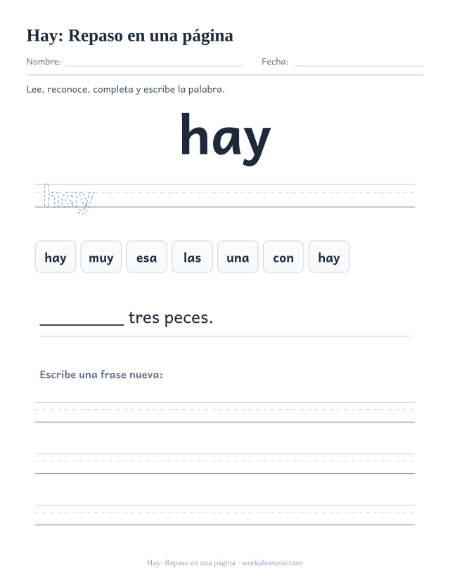 Ficha de la palabra frecuente «hay», repaso en una página para imprimir