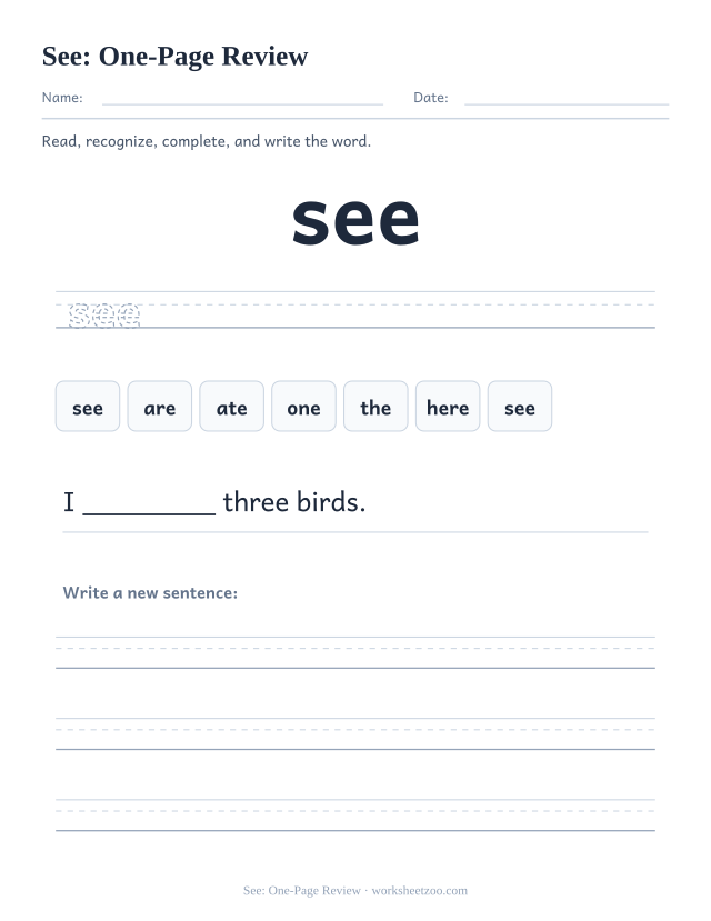 Sight word “see” worksheet, one-page review printable activity