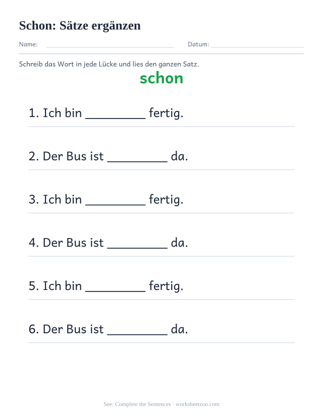 Vorschau: häufiges Wort „schon“, Sätze ergänzen