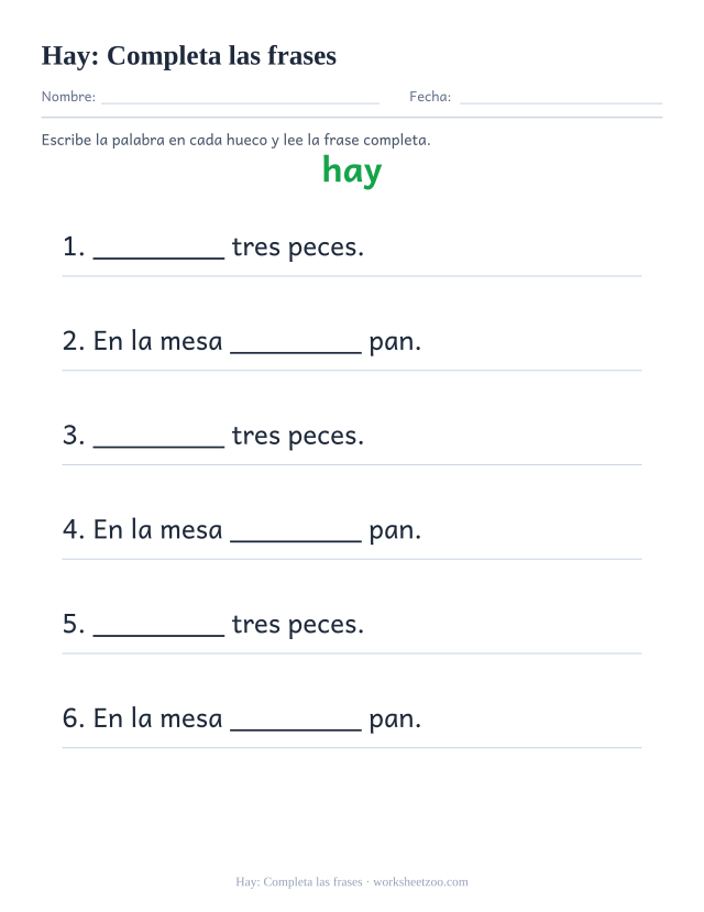 Ficha de la palabra frecuente «hay», completa las frases para imprimir