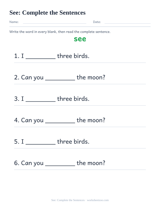 Sight word “see” worksheet, complete the sentences printable activity