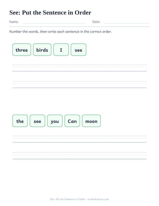 Sight word “see” worksheet, put the sentence in order printable activity