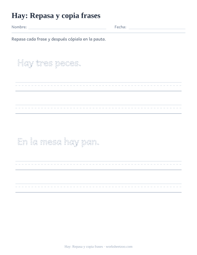 Ficha de la palabra frecuente «hay», repasa y copia frases para imprimir