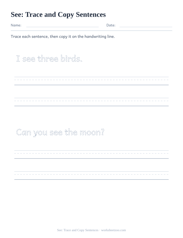 Sight word “see” worksheet, trace and copy sentences printable activity
