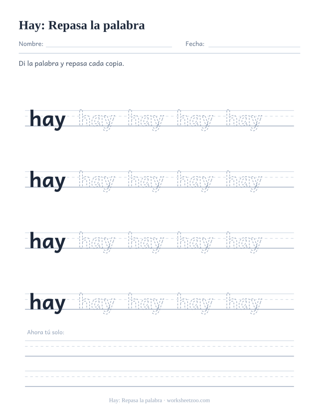 Ficha de la palabra frecuente «hay», repasa la palabra para imprimir