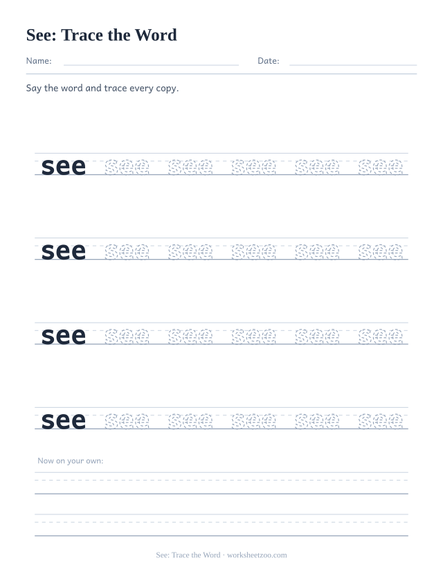 Sight word “see” worksheet, trace the word printable activity