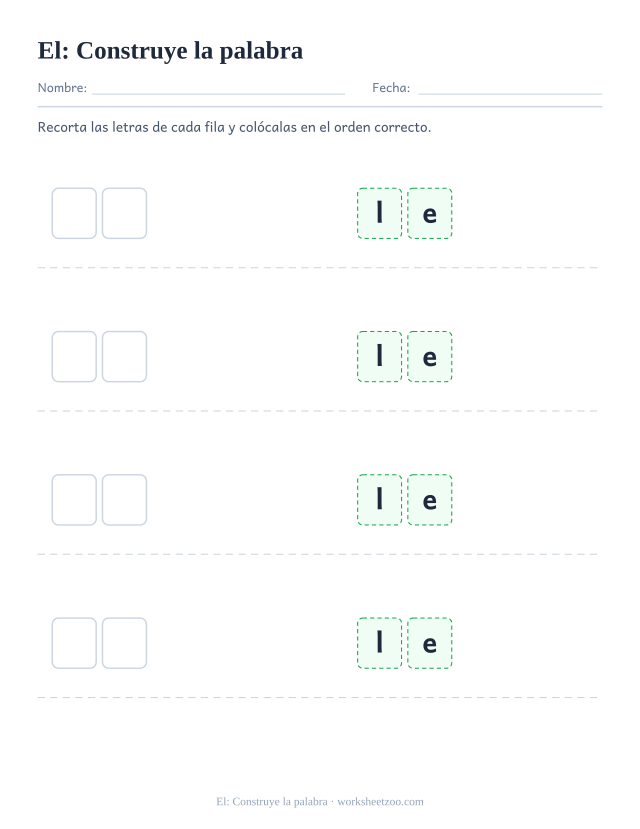 Ficha de la palabra frecuente «el», construye la palabra para imprimir