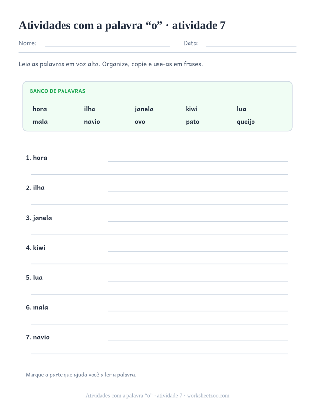 Prévia de Atividades com a palavra “o”, atividade 7 para imprimir