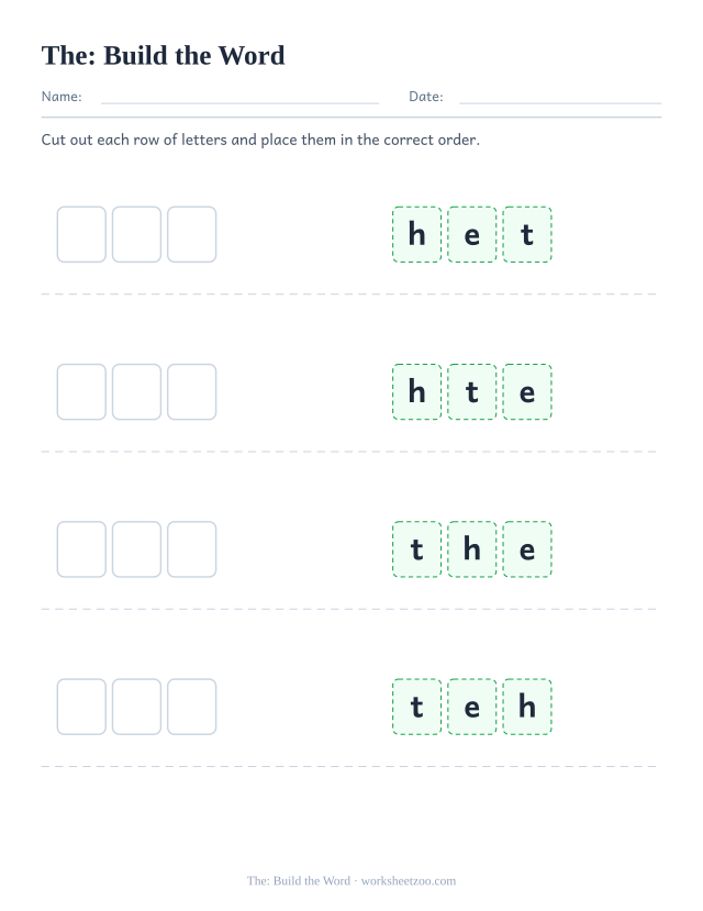 Sight word “the” worksheet, build the word printable activity