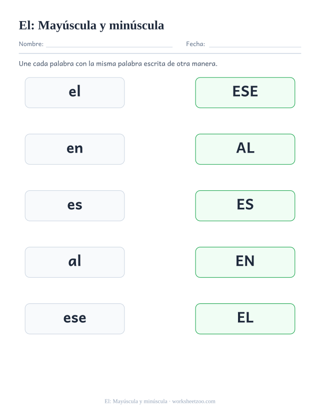 Ficha de la palabra frecuente «el», mayúscula y minúscula para imprimir