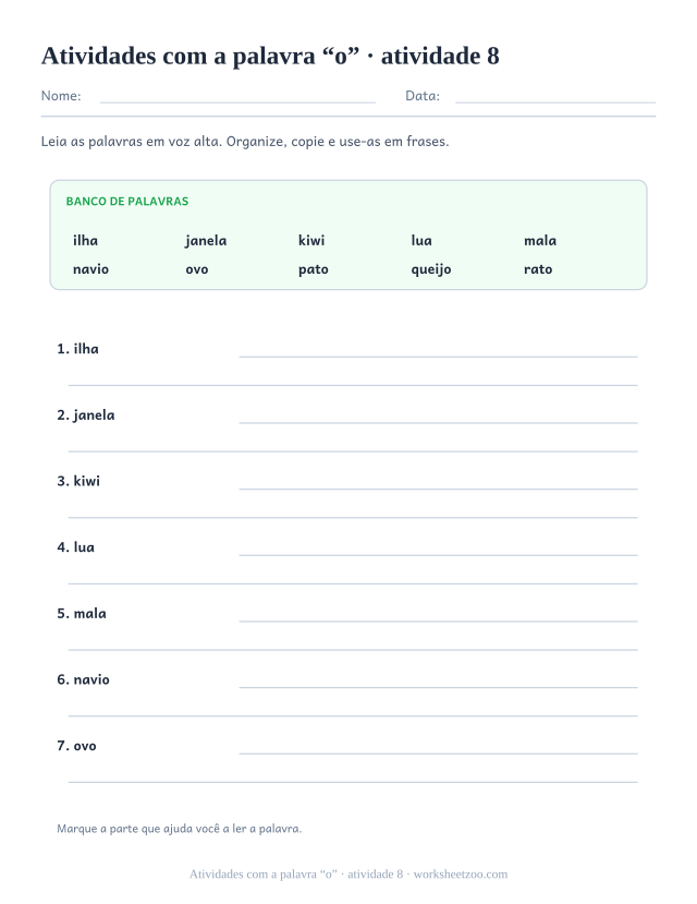 Prévia de Atividades com a palavra “o”, atividade 8 para imprimir