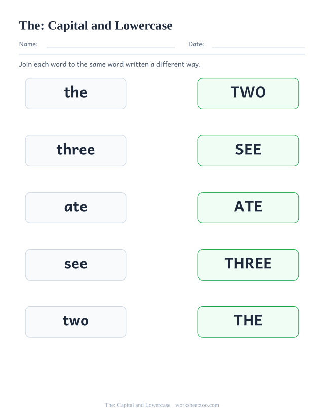 Sight word “the” worksheet, capital and lowercase printable activity