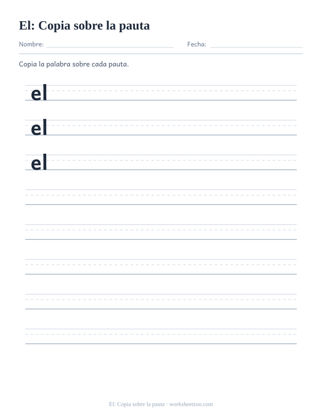 Ficha de la palabra frecuente «el», copia sobre la pauta para imprimir