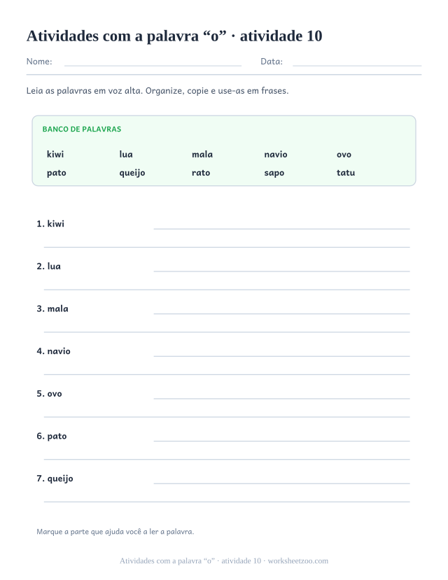 Prévia de Atividades com a palavra “o”, atividade 10 para imprimir