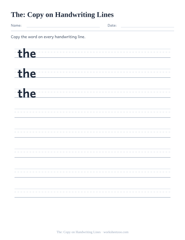 Sight word “the” worksheet, copy on handwriting lines printable activity