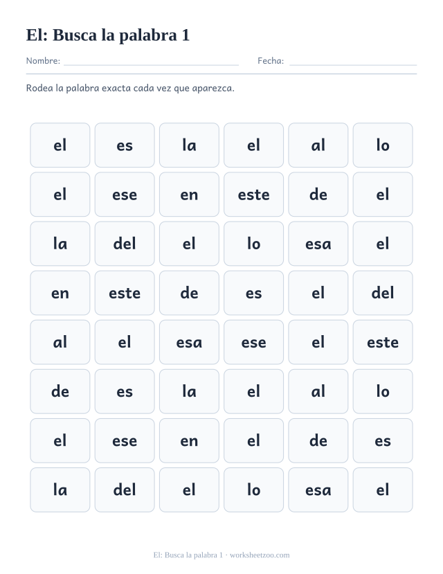 Ficha de la palabra frecuente «el», busca la palabra 1 para imprimir