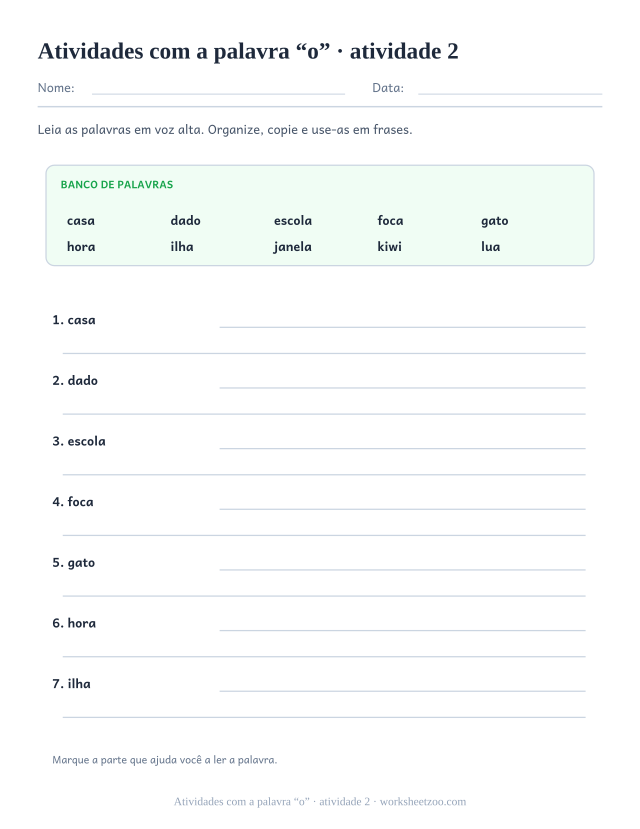 Prévia de Atividades com a palavra “o”, atividade 2 para imprimir