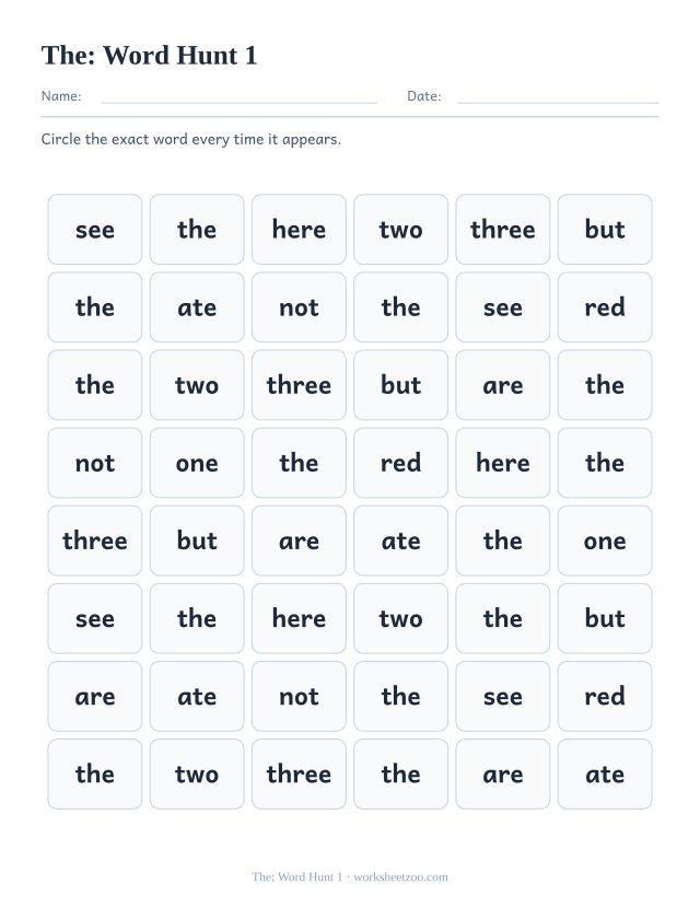 Sight word “the” worksheet, word hunt 1 printable activity