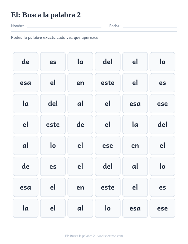Ficha de la palabra frecuente «el», busca la palabra 2 para imprimir