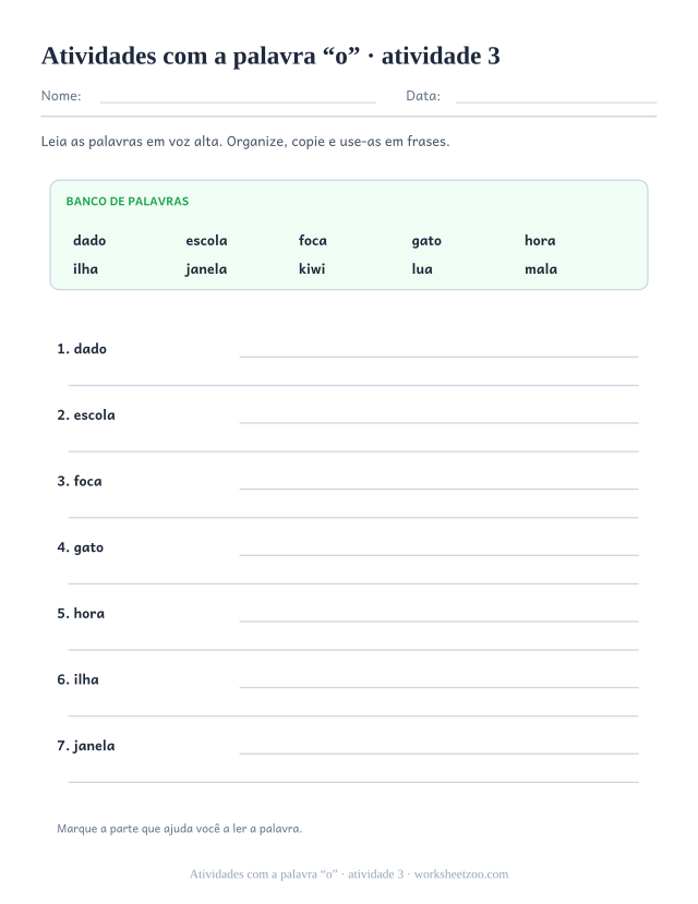 Prévia de Atividades com a palavra “o”, atividade 3 para imprimir