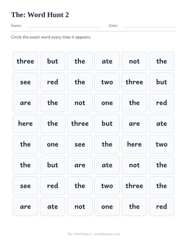 Sight word “the” worksheet, word hunt 2 printable activity