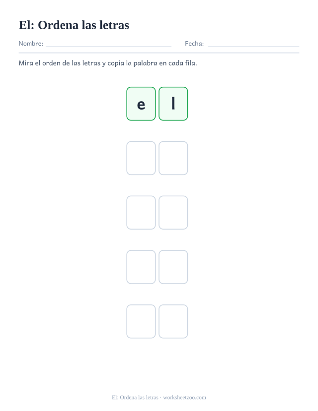 Ficha de la palabra frecuente «el», ordena las letras para imprimir