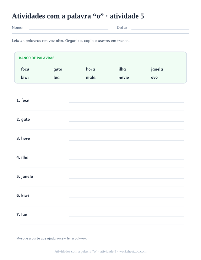 Prévia de Atividades com a palavra “o”, atividade 5 para imprimir