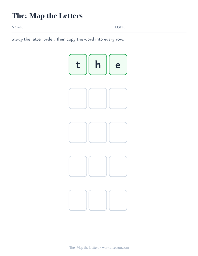 Sight word “the” worksheet, map the letters printable activity