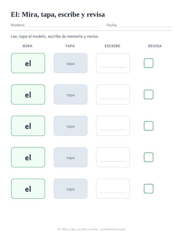 Ficha de la palabra frecuente «el», mira, tapa, escribe y revisa para imprimir
