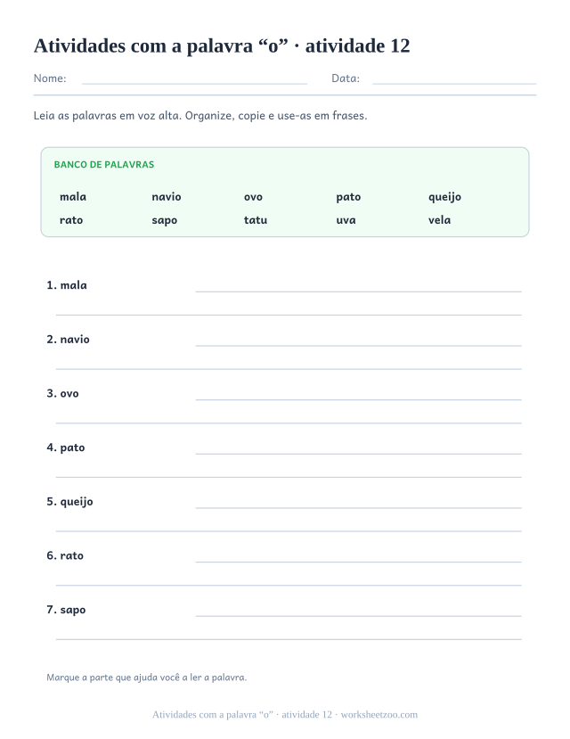 Prévia de Atividades com a palavra “o”, atividade 12 para imprimir