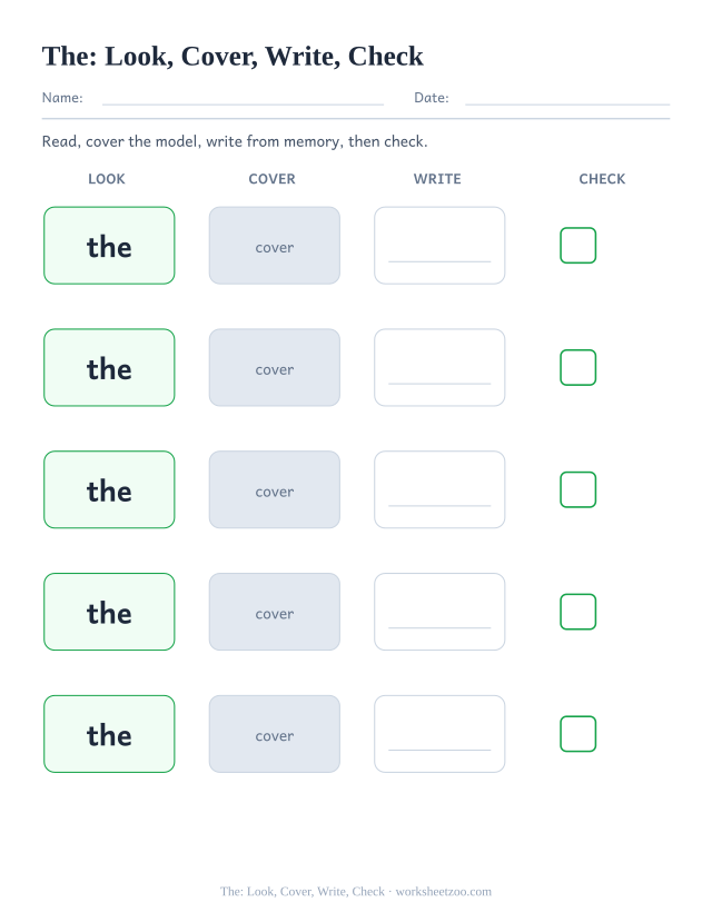 Sight word “the” worksheet, look, cover, write, check printable activity