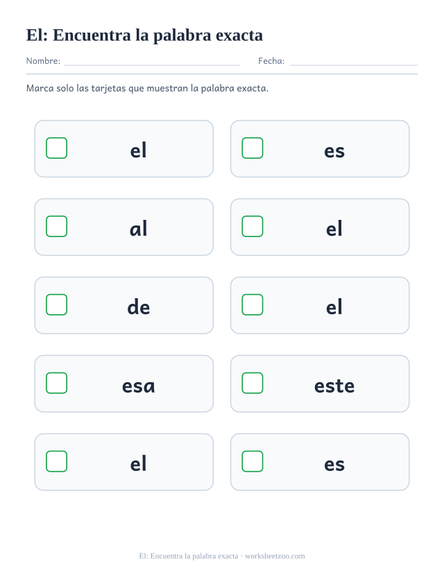 Ficha de la palabra frecuente «el», encuentra la palabra exacta para imprimir