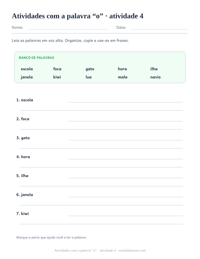 Prévia de Atividades com a palavra “o”, atividade 4 para imprimir