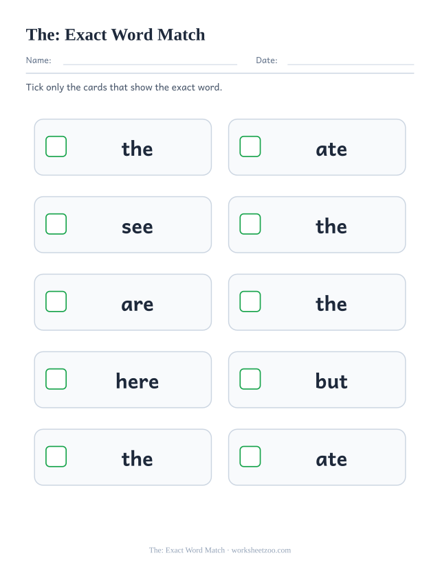 Sight word “the” worksheet, exact word match printable activity
