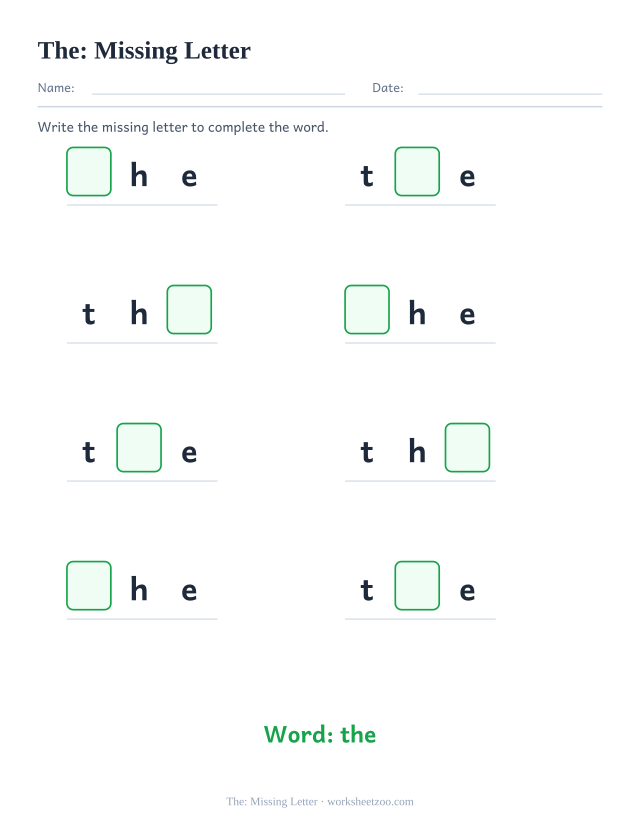 Sight word “the” worksheet, missing letter printable activity