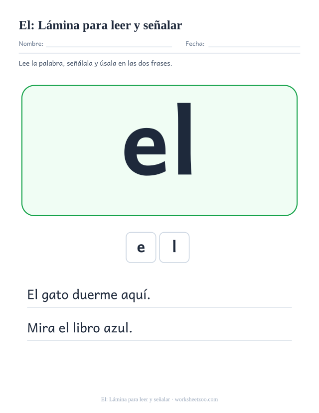 Ficha de la palabra frecuente «el», lámina para leer y señalar para imprimir