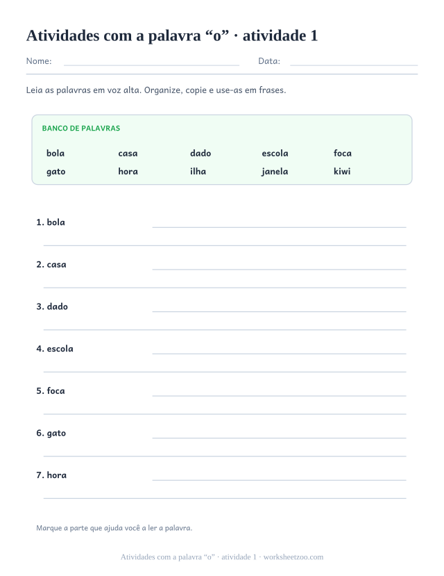 Prévia de Atividades com a palavra “o”, atividade 1 para imprimir