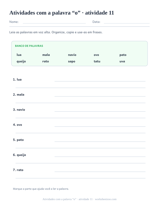 Prévia de Atividades com a palavra “o”, atividade 11 para imprimir