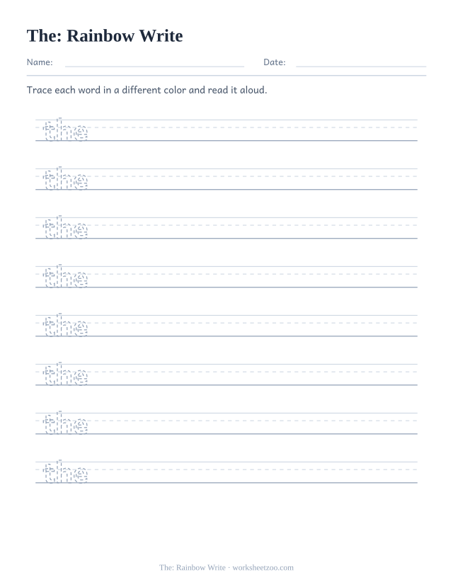 Sight word “the” worksheet, rainbow write printable activity