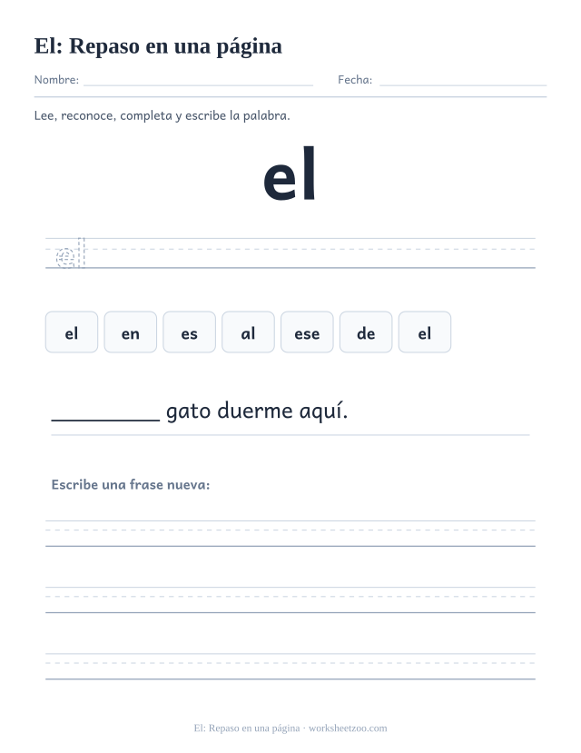 Ficha de la palabra frecuente «el», repaso en una página para imprimir