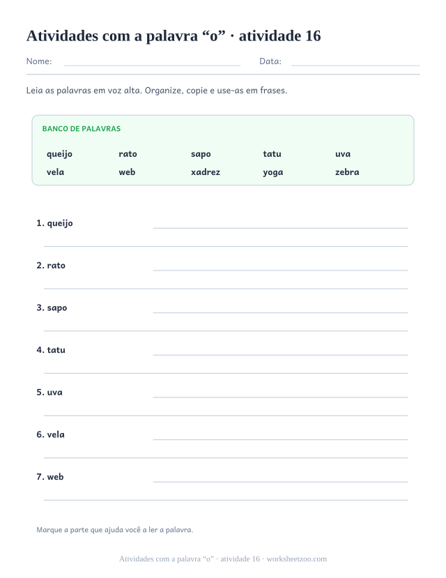 Prévia de Atividades com a palavra “o”, atividade 16 para imprimir