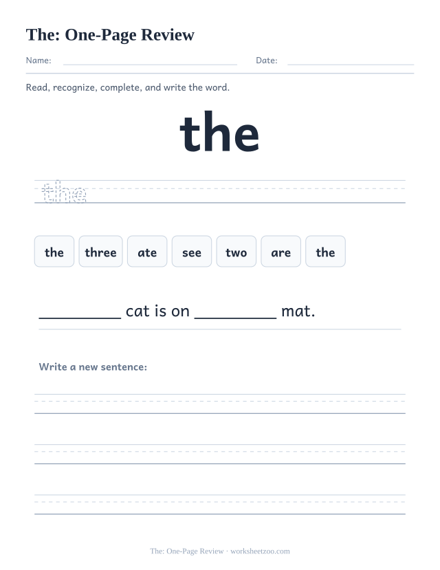 Sight word “the” worksheet, one-page review printable activity