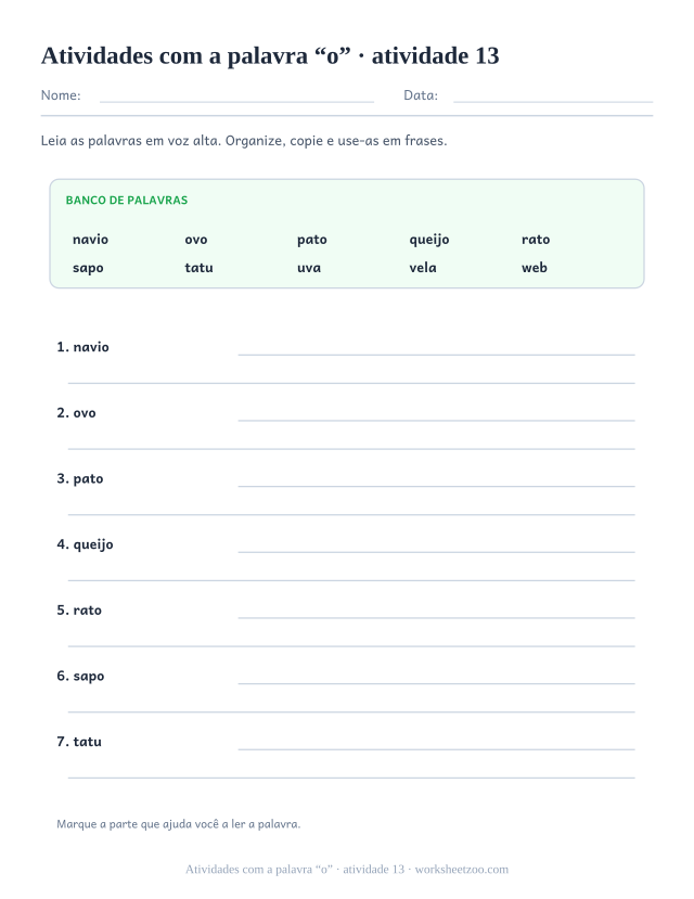 Prévia de Atividades com a palavra “o”, atividade 13 para imprimir