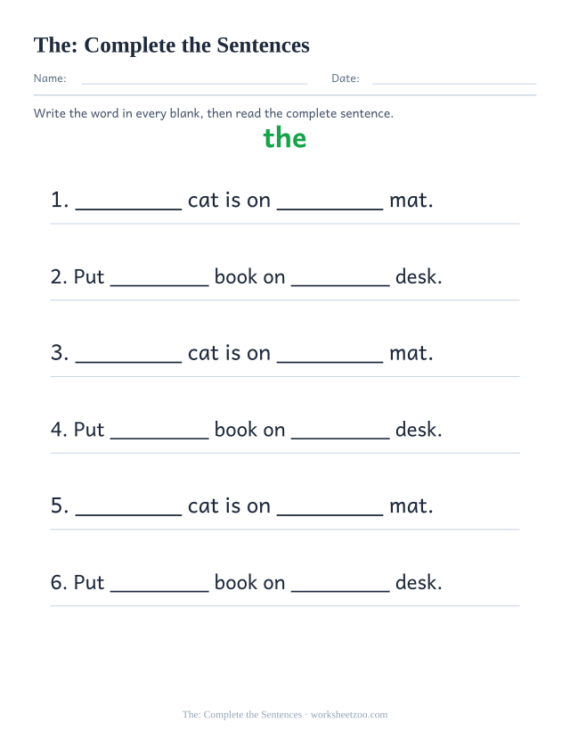 Sight word “the” worksheet, complete the sentences printable activity