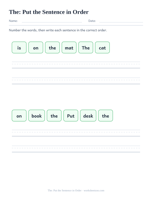 Sight word “the” worksheet, put the sentence in order printable activity