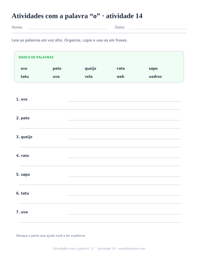 Prévia de Atividades com a palavra “o”, atividade 14 para imprimir
