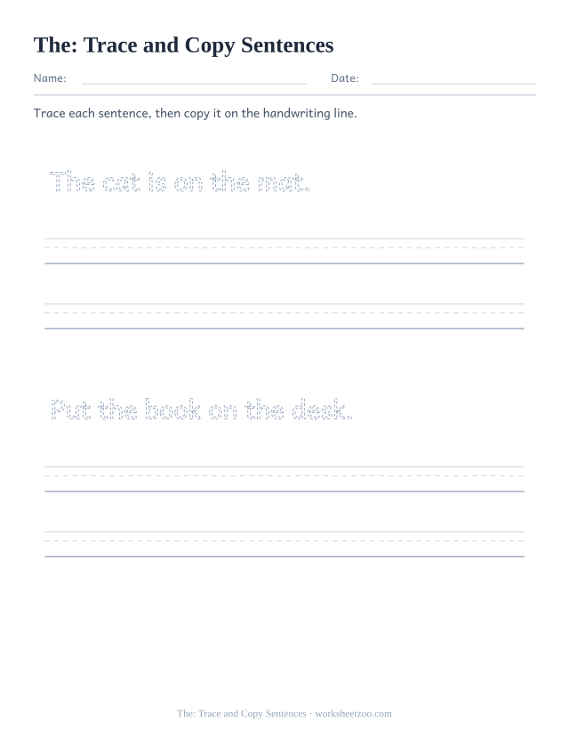 Sight word “the” worksheet, trace and copy sentences printable activity