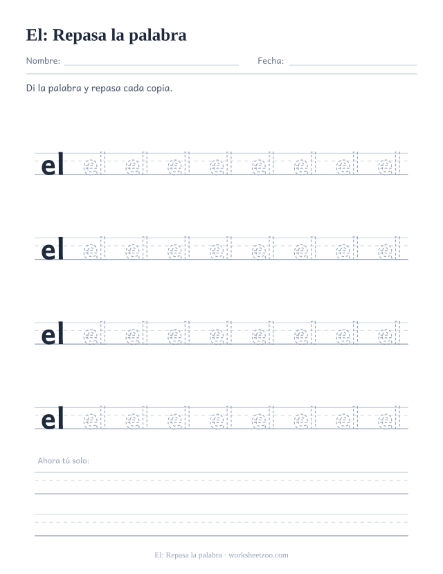 Ficha de la palabra frecuente «el», repasa la palabra para imprimir