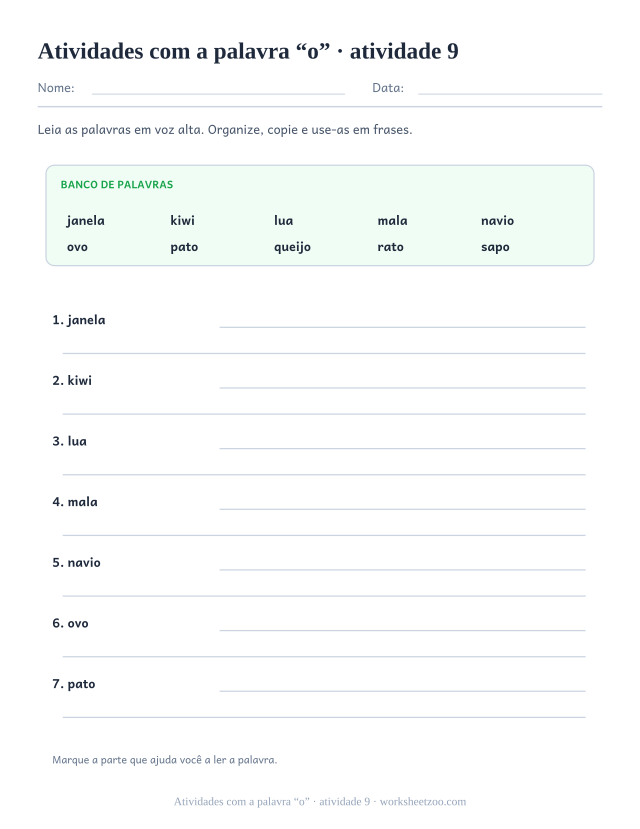 Prévia de Atividades com a palavra “o”, atividade 9 para imprimir