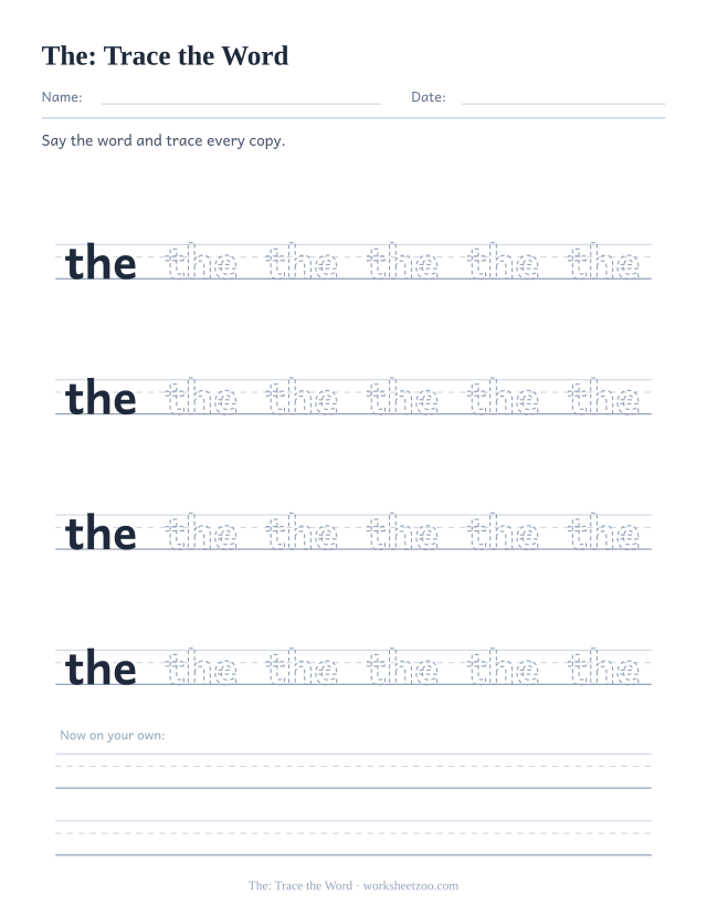 Sight word “the” worksheet, trace the word printable activity